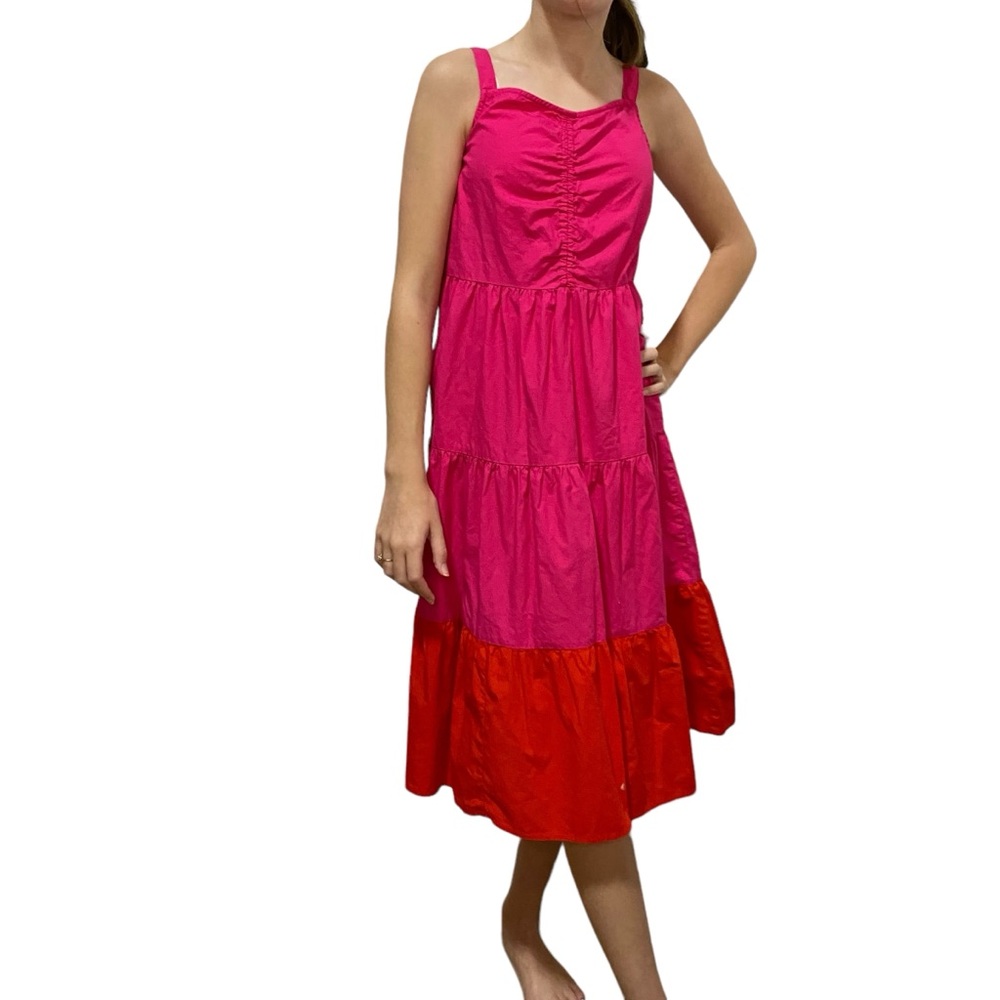 PEYTON & PARKER Sundress Size 14 Pink Red Smocked Tiered Skirt Cotton Boho